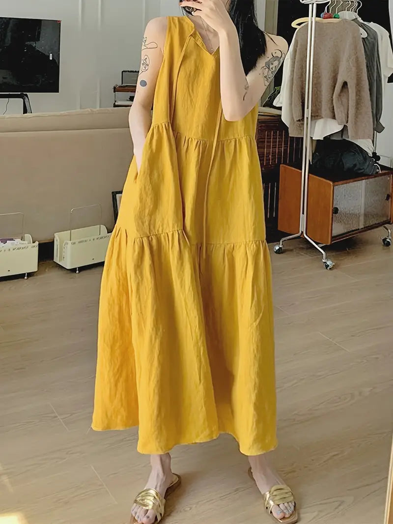 Korean V Neck Dress Loose Sleeveless Dress (Buy1Take1FREE)