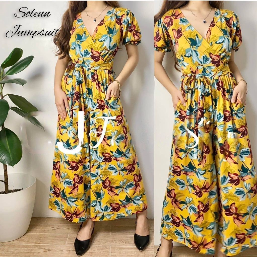 Buy1Take1 Overlap Puff Sleeve Wide Leg Jumpsuit