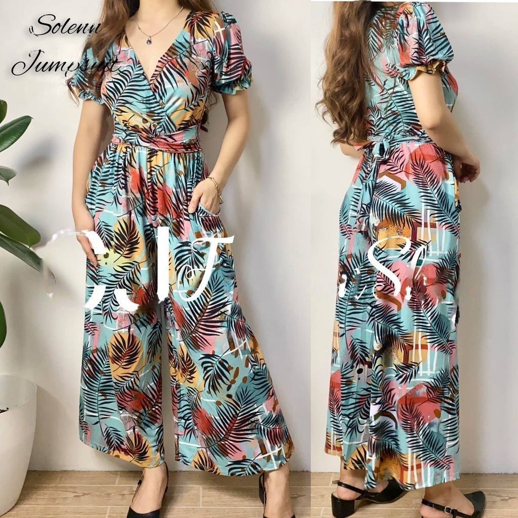 Buy1Take1 Overlap Puff Sleeve Wide Leg Jumpsuit