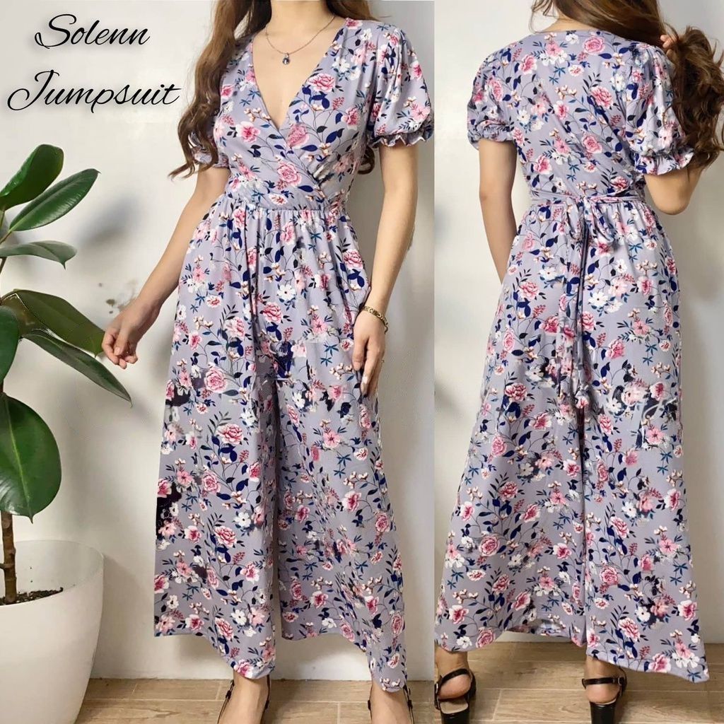 Buy1Take1 Overlap Puff Sleeve Wide Leg Jumpsuit