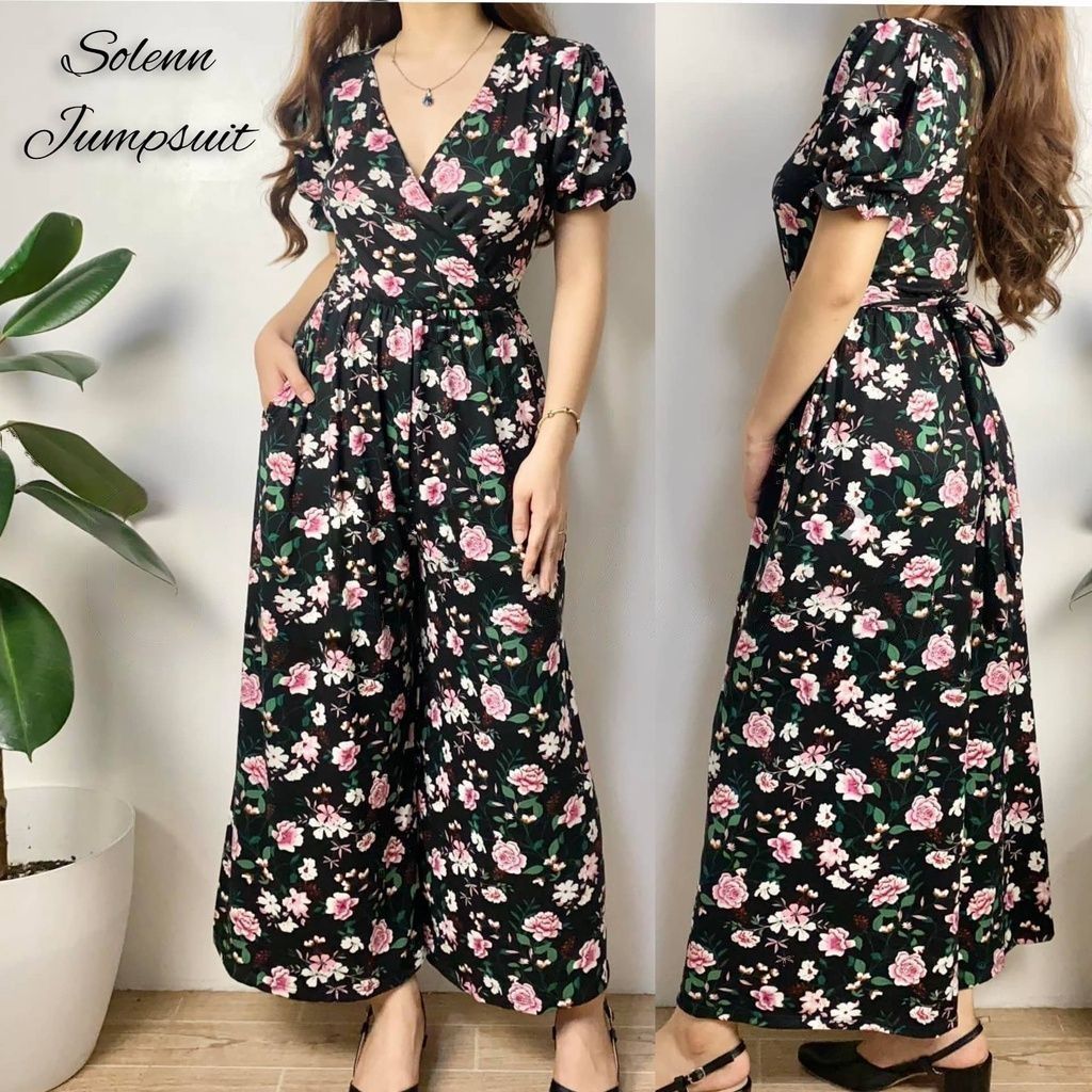 Buy1Take1 Overlap Puff Sleeve Wide Leg Jumpsuit