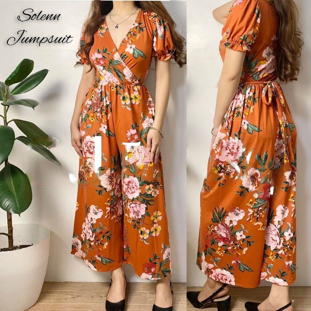 Buy1Take1 Overlap Puff Sleeve Wide Leg Jumpsuit