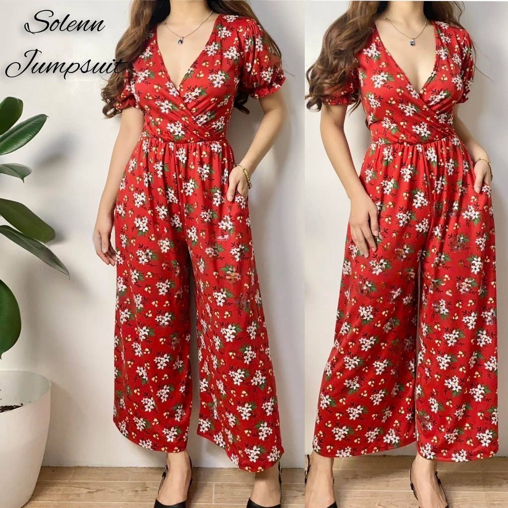 Buy1Take1 Overlap Puff Sleeve Wide Leg Jumpsuit