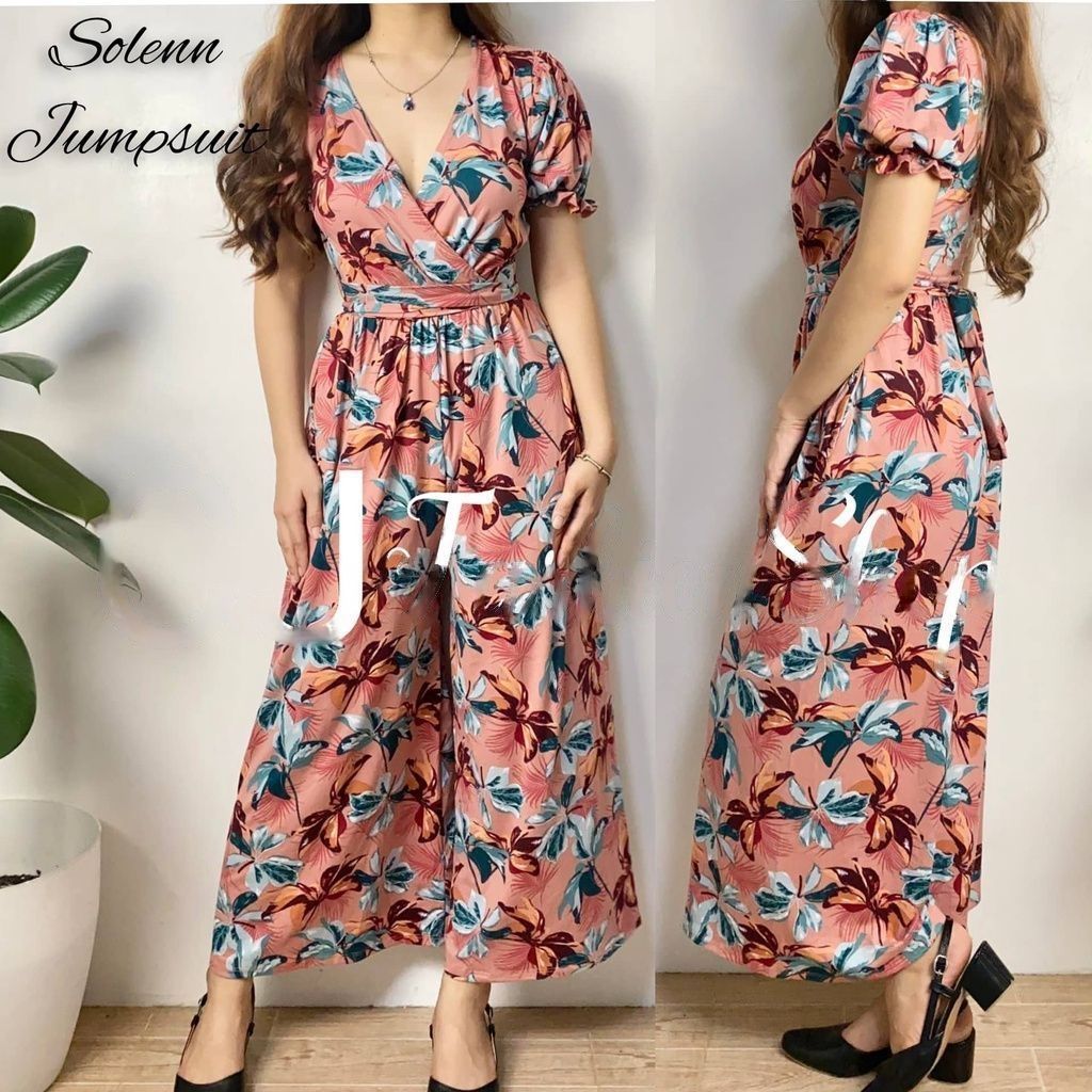 Buy1Take1 Overlap Puff Sleeve Wide Leg Jumpsuit