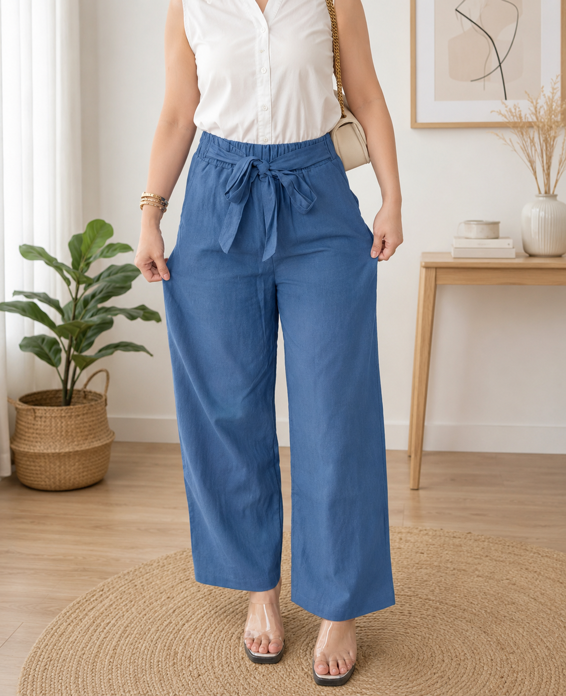 Breathable Korean Wide Leg Belt-Tie Pants.