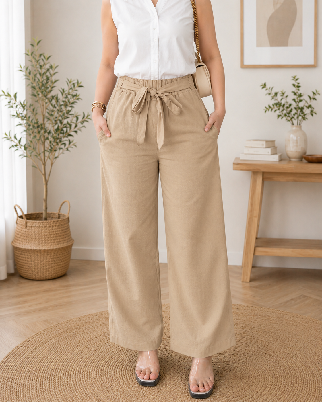 Breathable Korean Wide Leg Belt-Tie Pants.