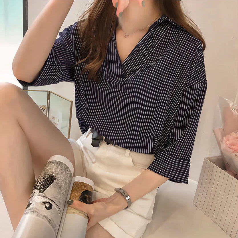 Striped V-Neck Half Sleeve Blouse for Women
