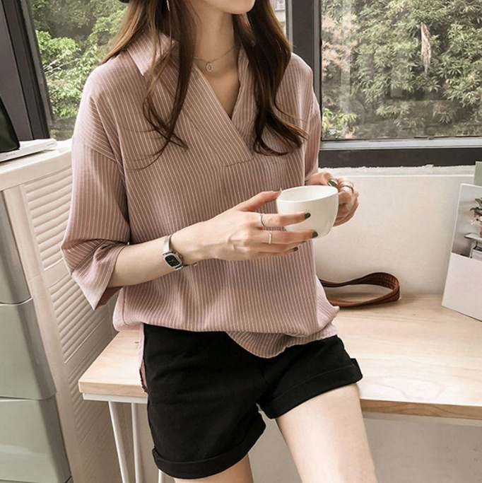 SWEET STRIPED V-NECK SHORT SLEEVE BLOUSE (BUY 1 TAKE 1)