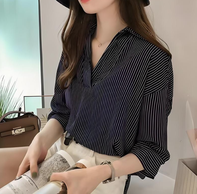 SWEET STRIPED V-NECK SHORT SLEEVE BLOUSE (BUY 1 TAKE 1)