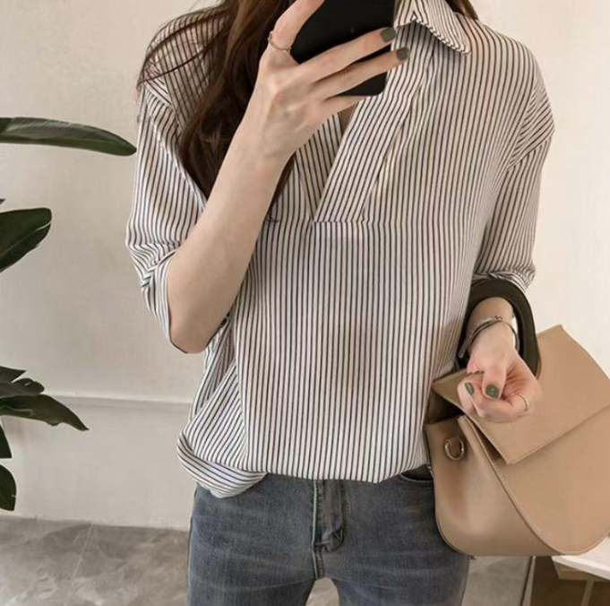 SWEET STRIPED V-NECK SHORT SLEEVE BLOUSE (BUY 1 TAKE 1)