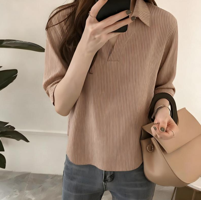 SWEET STRIPED V-NECK SHORT SLEEVE BLOUSE (BUY 1 TAKE 1)