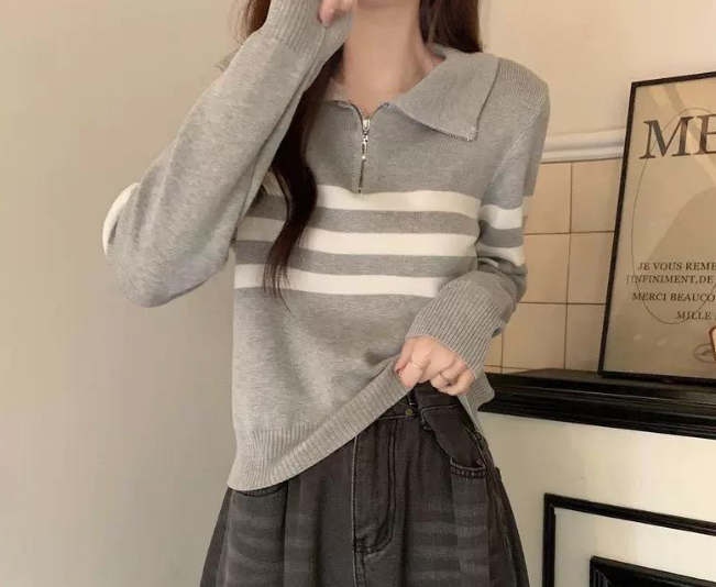 STRIPE POLO LONG SLEEVE ZIPPER UP (BUY 1 TAKE 1)
