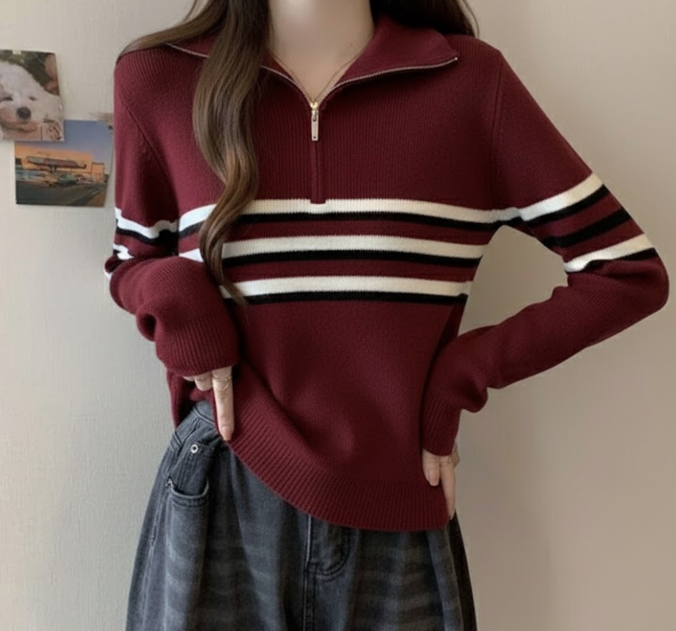 STRIPE POLO LONG SLEEVE ZIPPER UP (BUY 1 TAKE 1)