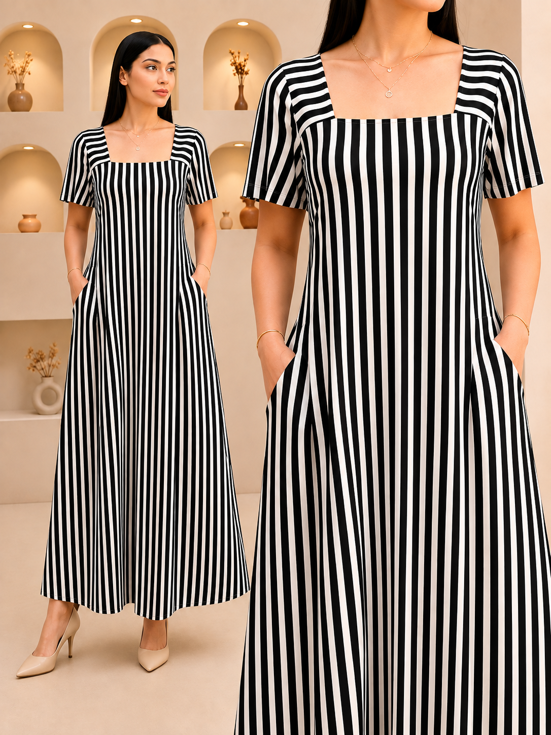 AMELIA STRIPED SQUARE NECK MAXI DRESS