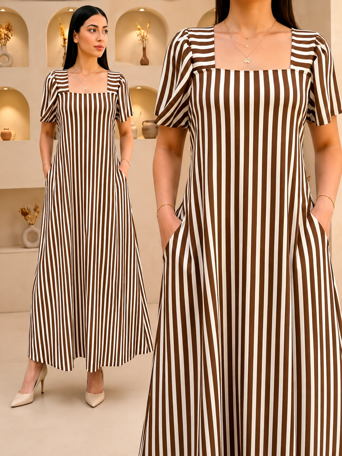 AMELIA STRIPED SQUARE NECK MAXI DRESS