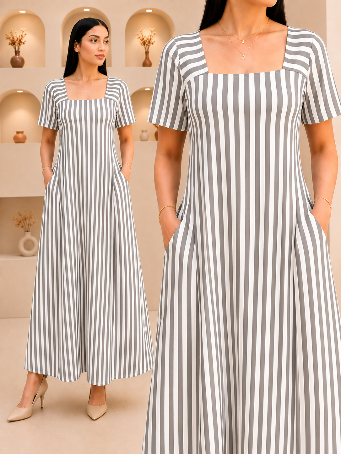 AMELIA STRIPED SQUARE NECK MAXI DRESS