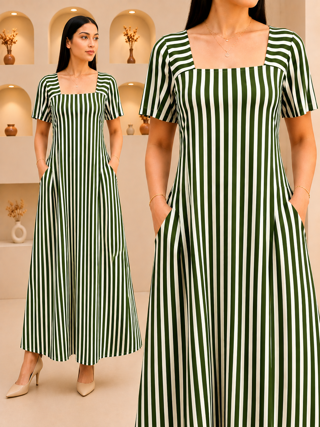 AMELIA STRIPED SQUARE NECK MAXI DRESS