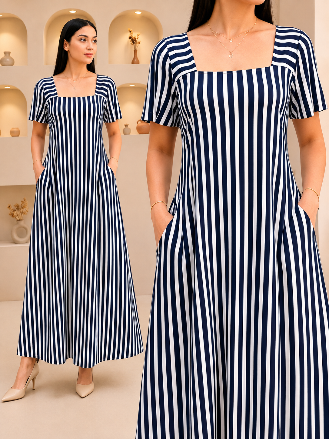 AMELIA STRIPED SQUARE NECK MAXI DRESS