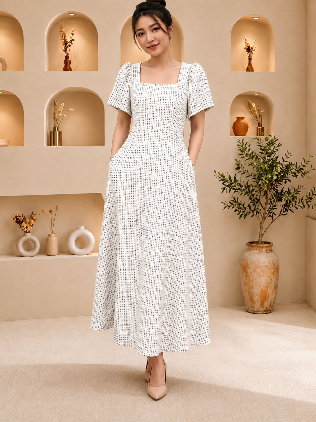 AMELIA TWEED SQUARE NECK DRESS