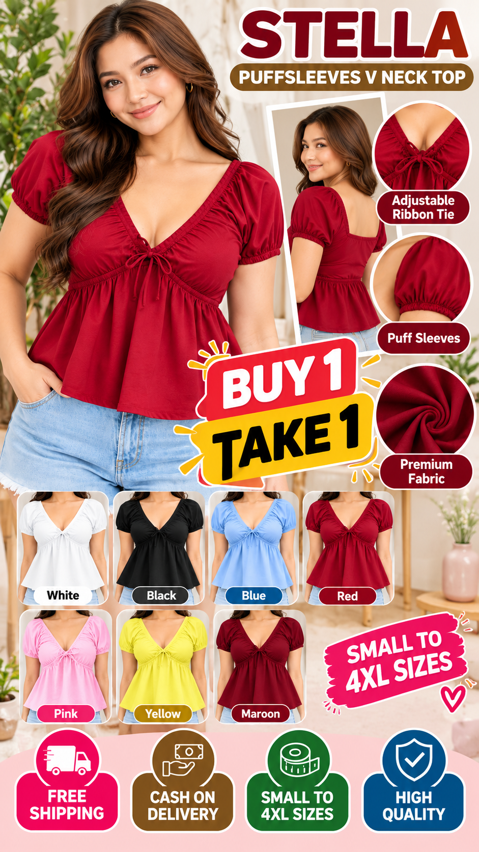 STELLA PUFFSLEEVES V NECK TOP