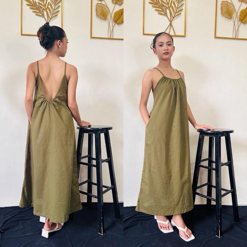 AIRA BACKLESS SPAGHETTI COTTON LINEN DRESS