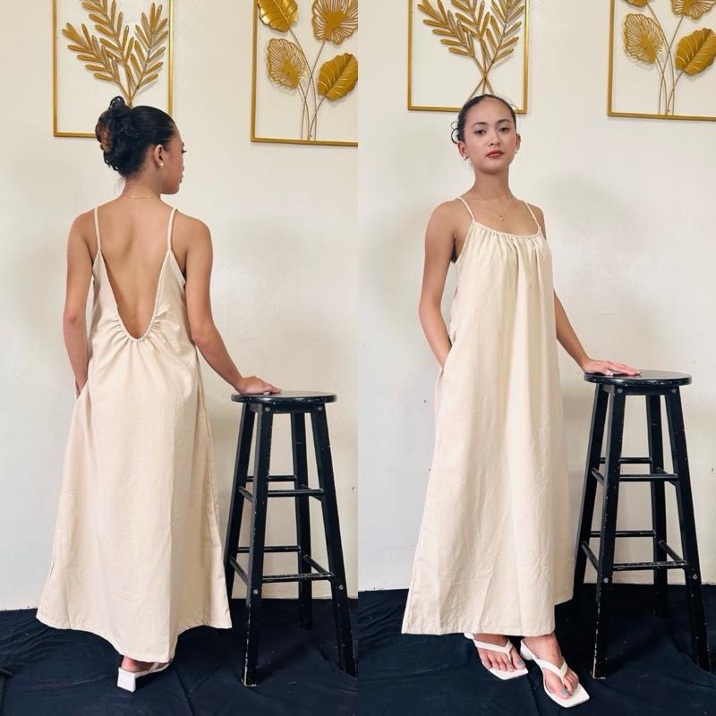 AIRA BACKLESS SPAGHETTI COTTON LINEN DRESS