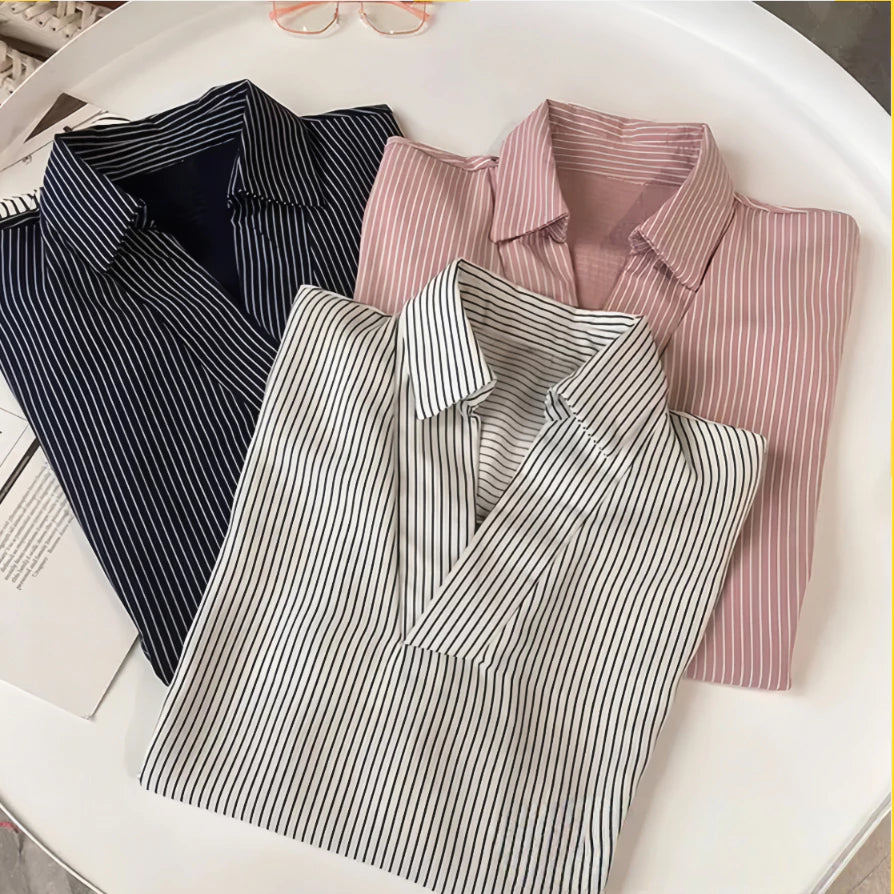 Striped V-Neck Half Sleeve Blouse for Women