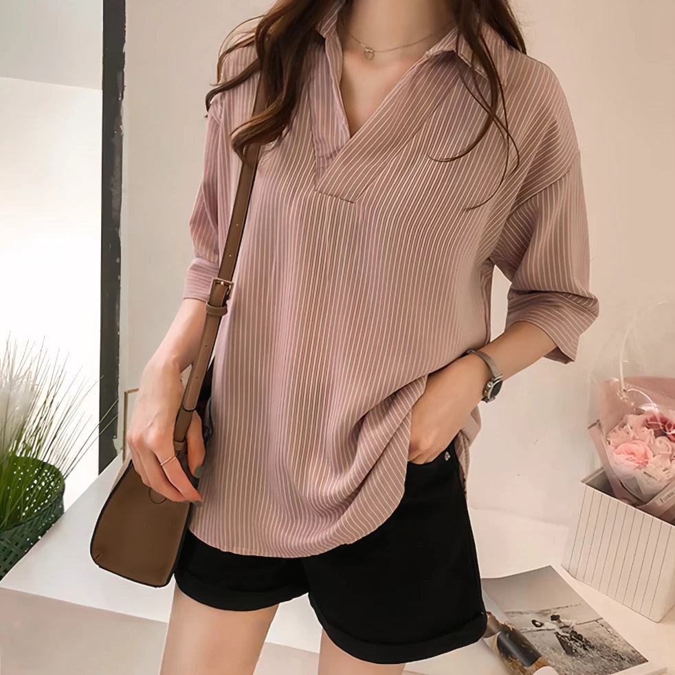 Striped V-Neck Half Sleeve Blouse for Women