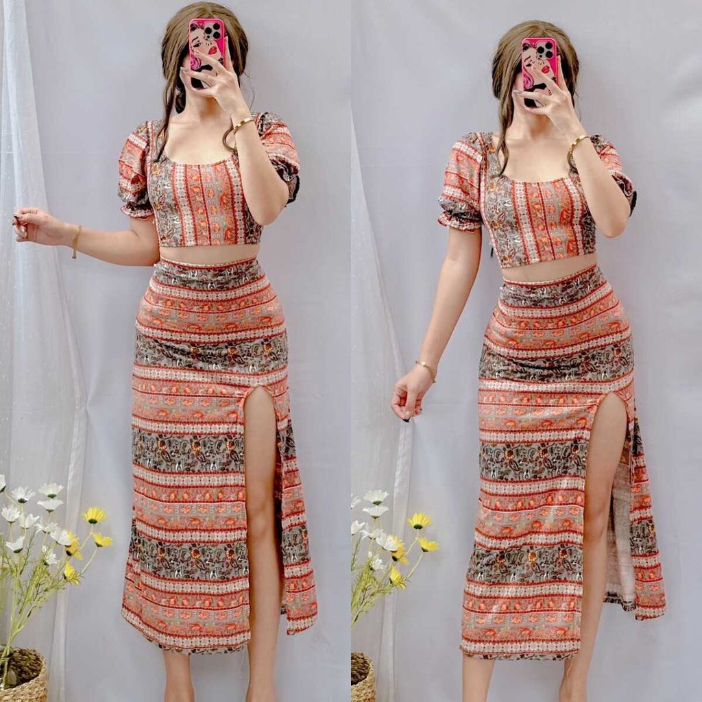 Summer Puff Sleeves Top & Slit Skirt Dress [BUY1TAKE1]