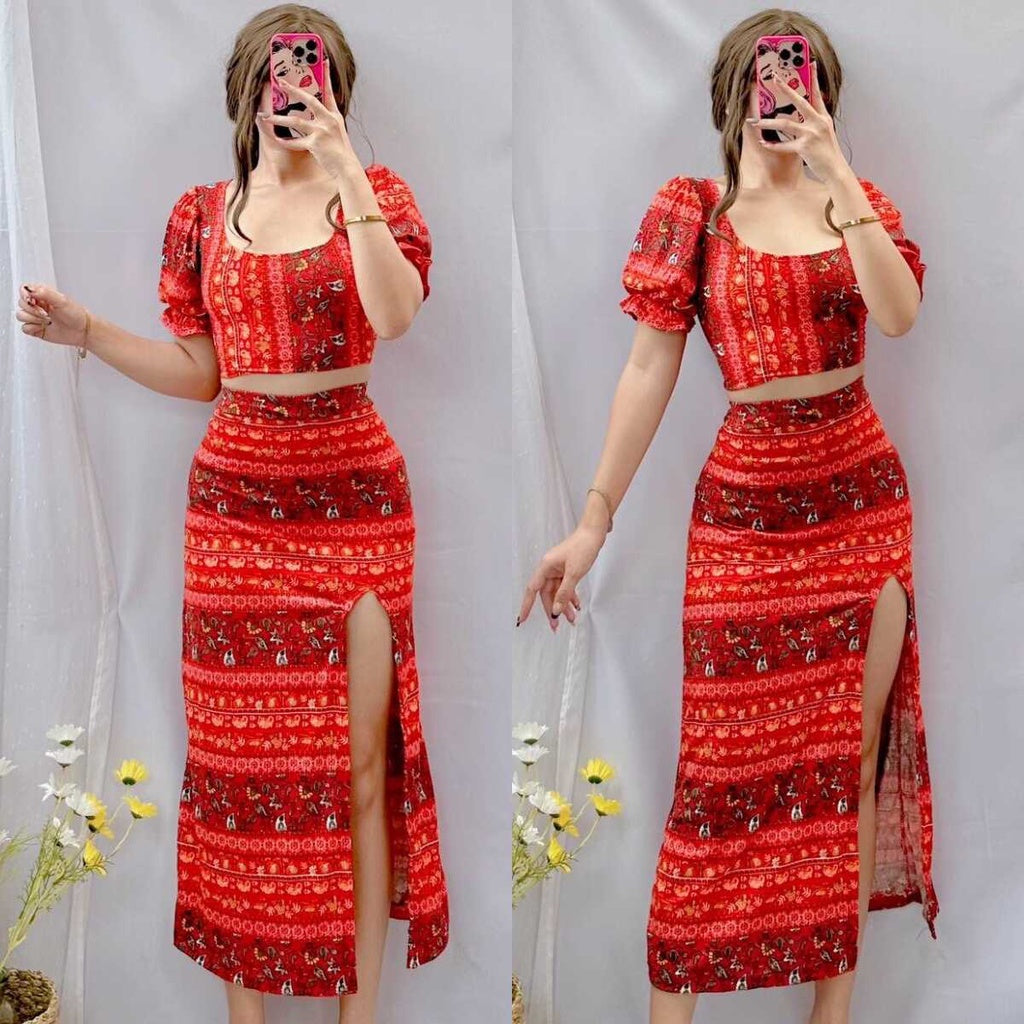 Summer Puff Sleeves Top & Slit Skirt Dress [BUY1TAKE1]