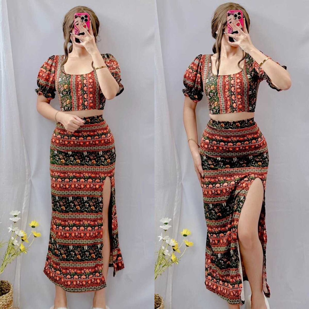 Summer Puff Sleeves Top & Slit Skirt Dress [BUY1TAKE1]