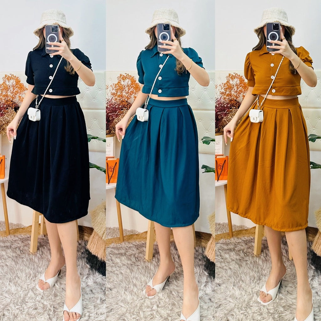 MATILDA POLO CROP PUFF SLEEVE BLOUSE WITH SKIRT [Buy1Take1FREE]
