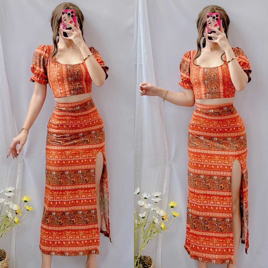 Summer Puff Sleeves Top & Slit Skirt Dress [BUY1TAKE1]