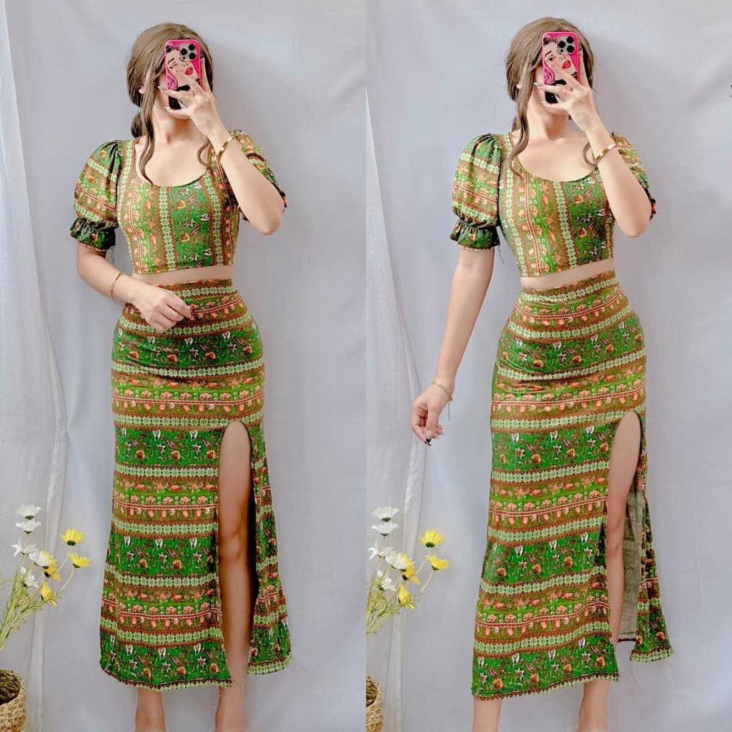 Summer Puff Sleeves Top & Slit Skirt Dress [BUY1TAKE1]