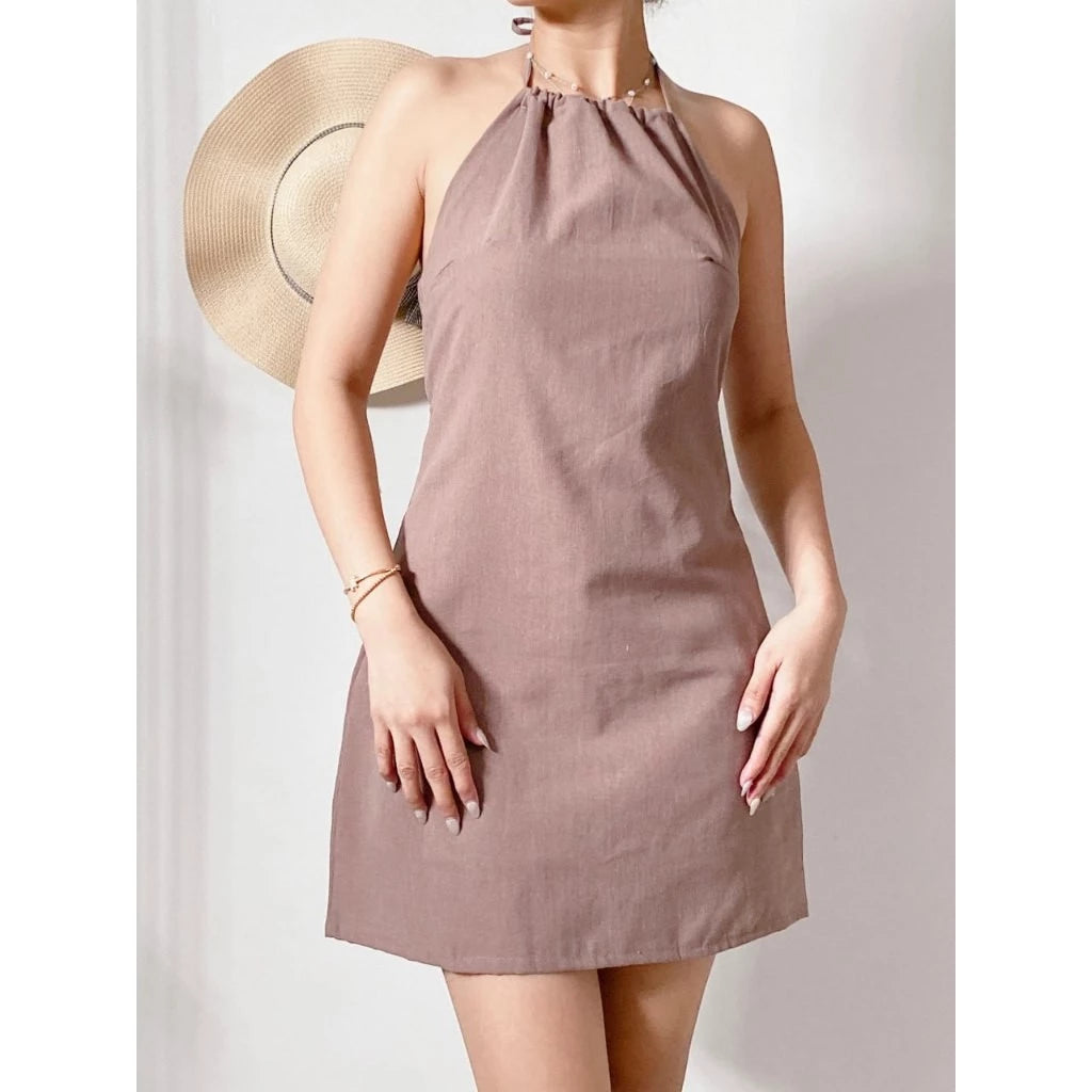 Classy Cotton-Linen Backless Halter Dress