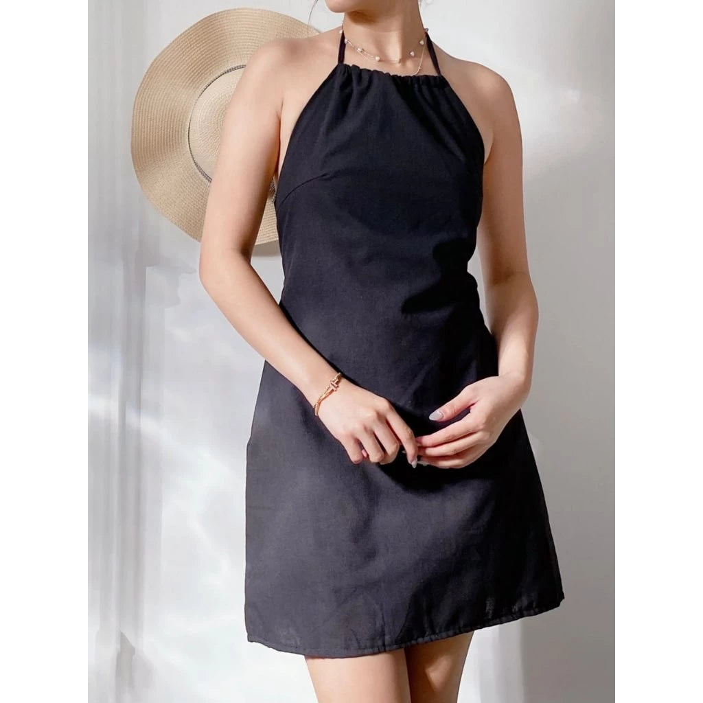Classy Cotton-Linen Backless Halter Dress