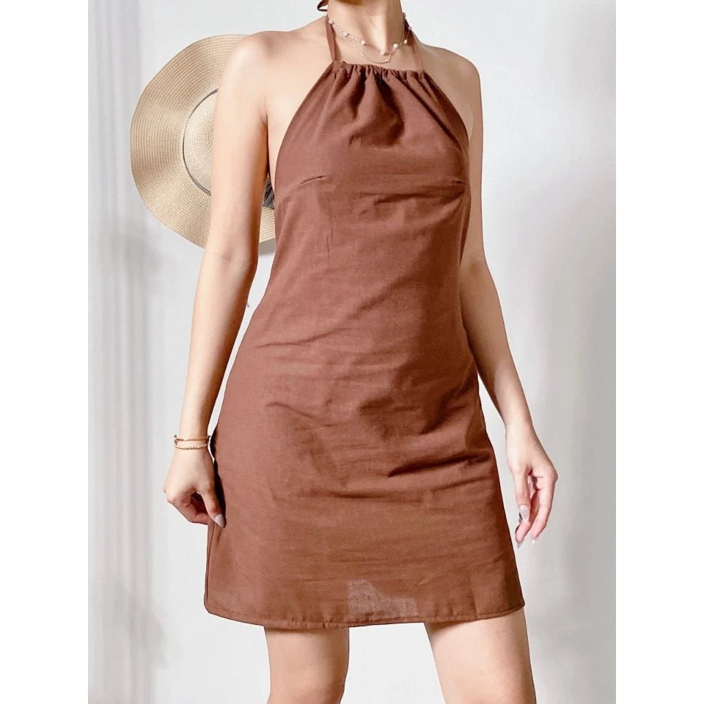 Classy Cotton-Linen Backless Halter Dress