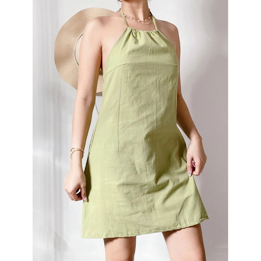 Classy Cotton-Linen Backless Halter Dress