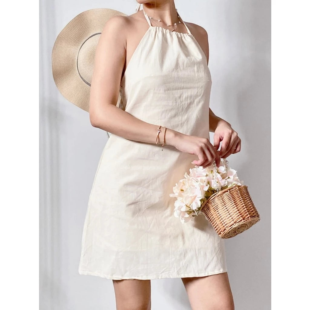 Classy Cotton-Linen Backless Halter Dress
