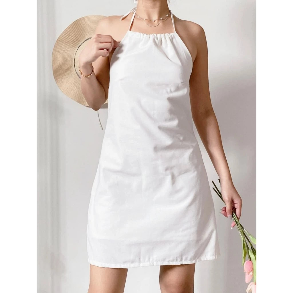 Classy Cotton-Linen Backless Halter Dress