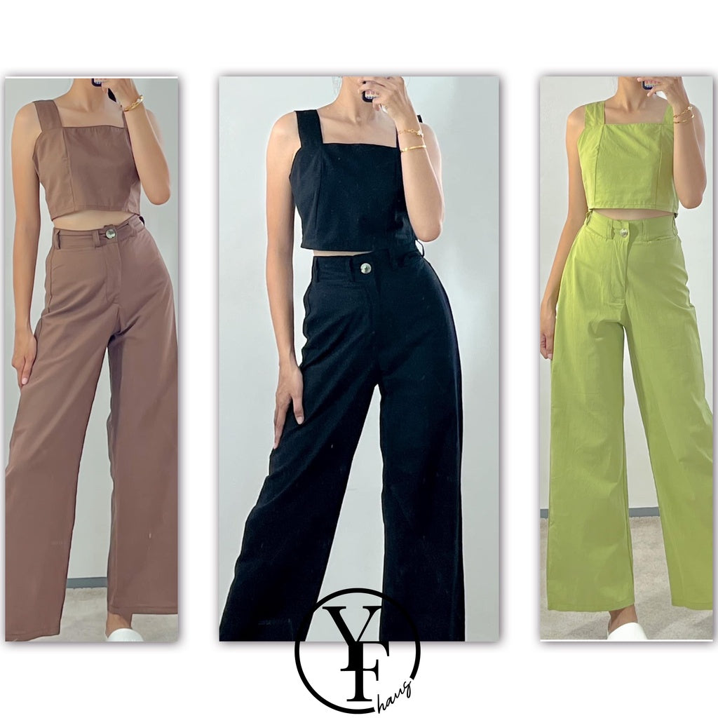 Cropped Linen Square Neck Top & Wide Leg Pants [BUY1TAKe1FREE]