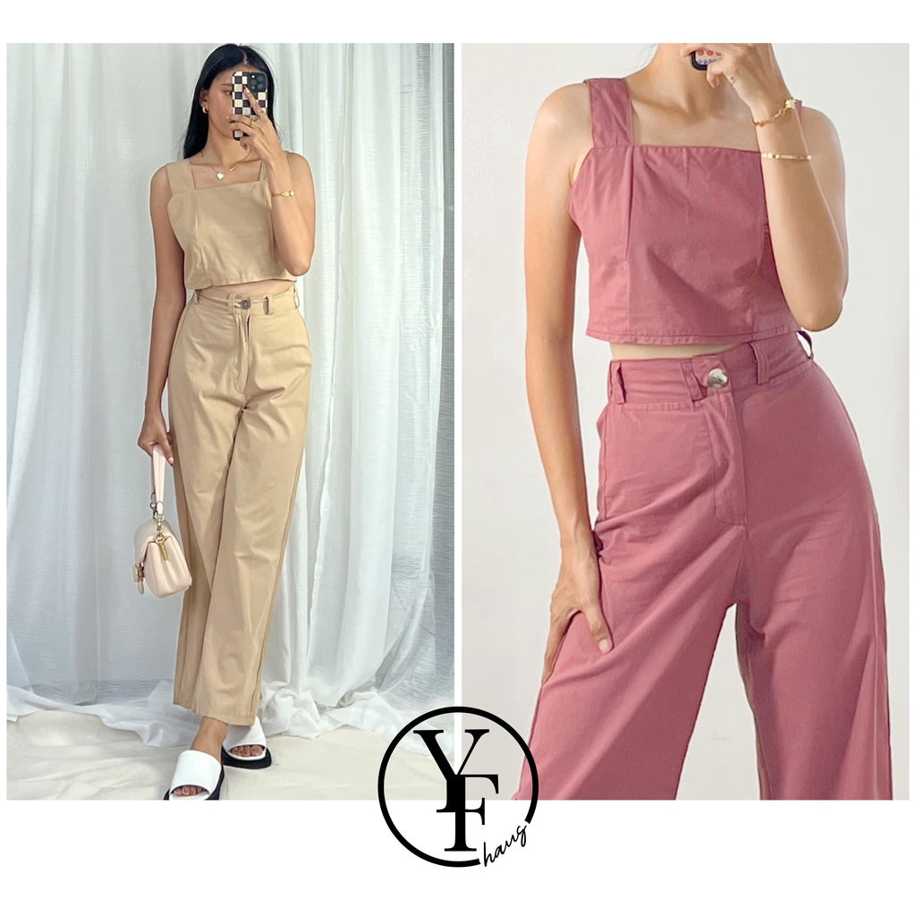 Cropped Linen Square Neck Top & Wide Leg Pants [BUY1TAKe1FREE]