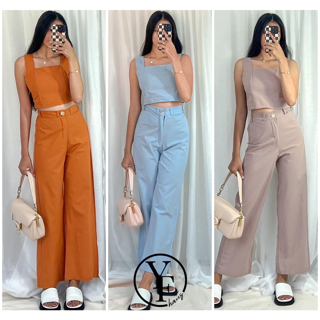 Cropped Linen Square Neck Top & Wide Leg Pants [BUY1TAKe1FREE]