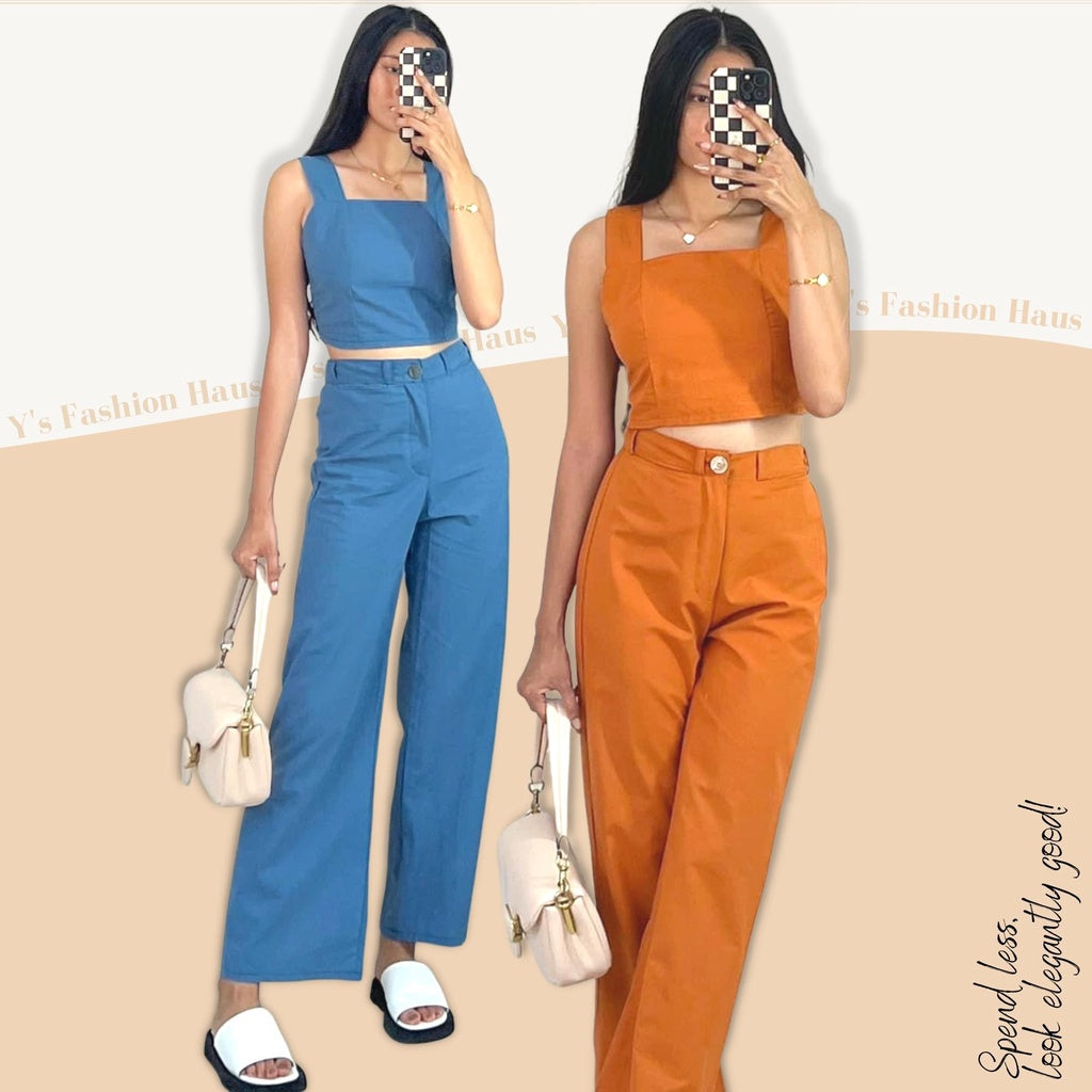 Cropped Linen Square Neck Top & Wide Leg Pants [BUY1TAKe1FREE]