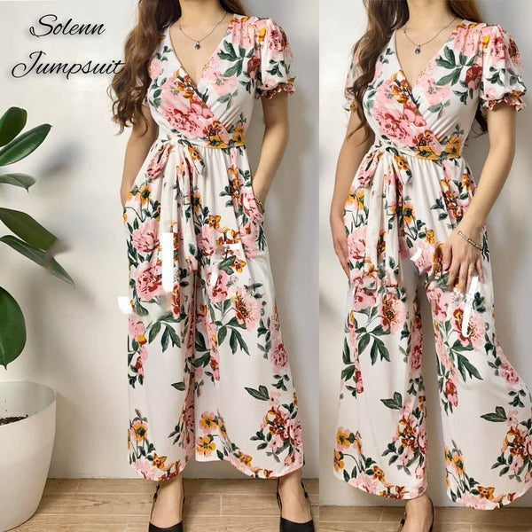 Buy1Take1 Overlap Puff Sleeve Wide Leg Jumpsuit